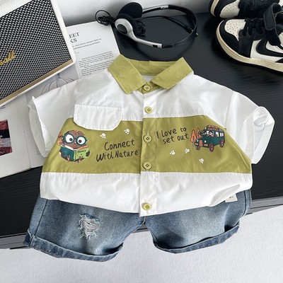 Set Áo Sơ Mi Tay Ngắn Họa Tiết In Chữ Quần Đùi Jean Bé Trai 1-5 Tuổi MINTSCLOSET Quảng Châu - TN3728