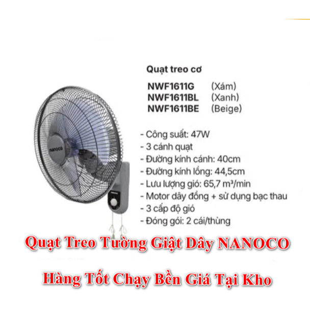 [Ship Hỏa Tốc] Quạt Treo Tường Nanoco NWF1611 không Điều Khiển Đủ Màu - Quạt Êm Chạy Bền Giá Ưu Đãi