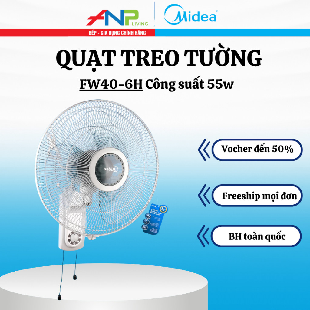 Quạt Treo Tường Midea FW40-6H 3 Cánh công suất 55W Chỉnh Gió 3 Tốc Độ, Dùng gia đình quán ăn