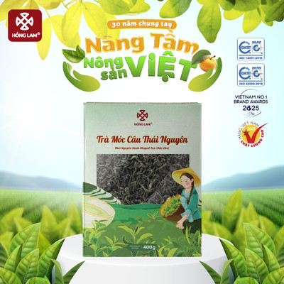 Chè (trà) móc câu Thái Nguyên Hồng Lam, dạng gói. Có vị ngọt hậu vị, khi uống có vị chát thanh