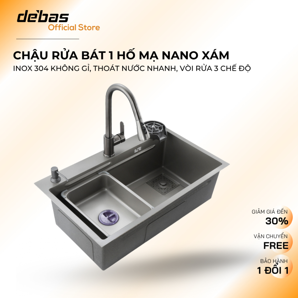 Chậu rửa bát 1 hố to thông minh inox cao cấp mạ nano xám Debas 7846