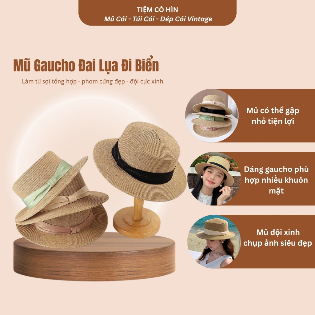 Mũ Cói Gaucho Đai Lụa MC102 Tiệm Cô Hìn Có Thể Gập Nhỏ - Ship1H - Đóng Thùng 5 Lớp Không Lo Hỏng