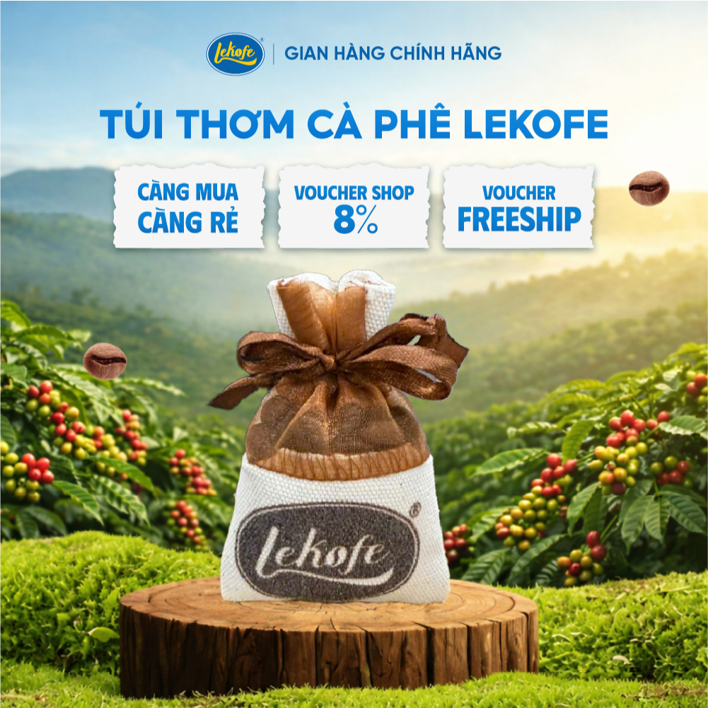 Túi thơm cà phê hạt nguyên chất treo xe khử mùi ô tô, Phụ Kiện Thơm tủ,văn phòng làm việc Lekofe 30g