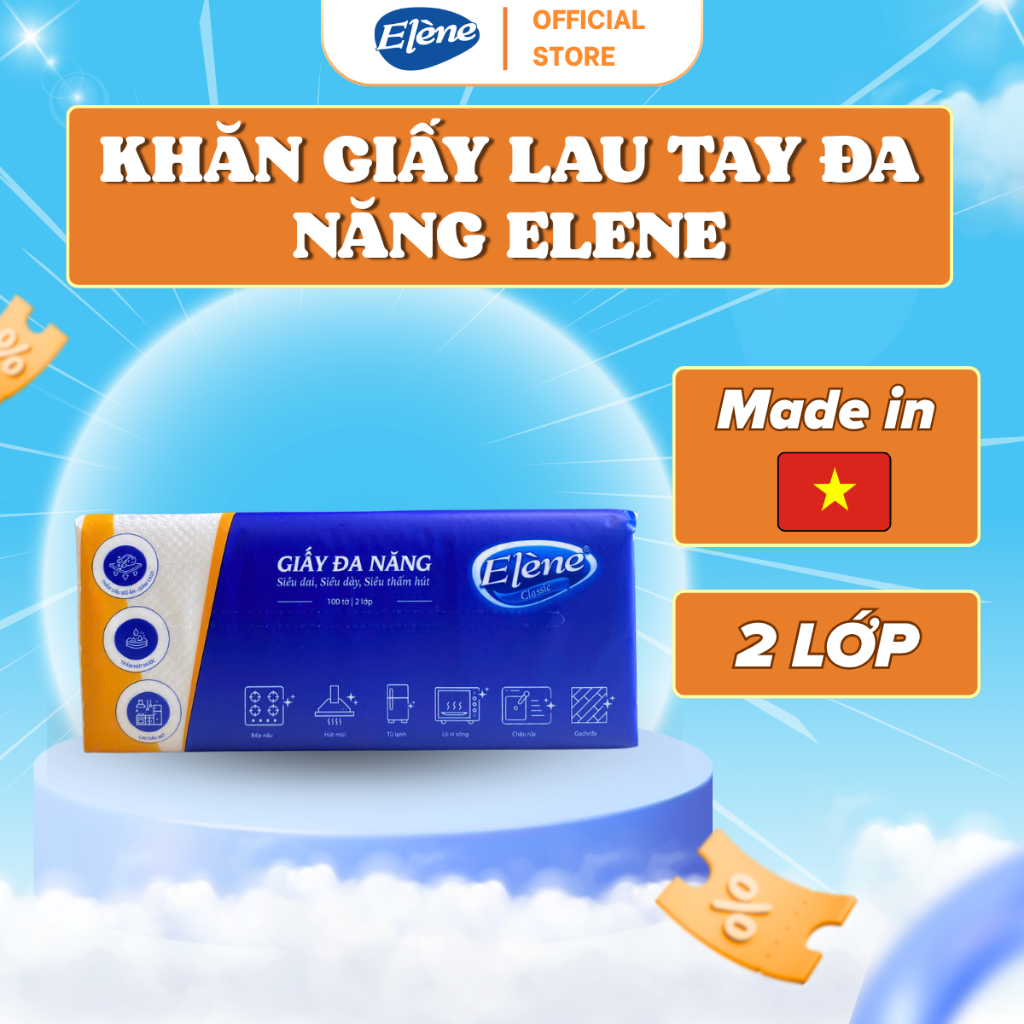 Khăn GIấy Lau Tay Đa Năng Rút Elene 100 Tờ 2 Lớp Thấm Hút Tốt, Tiện Lợi, An Toàn