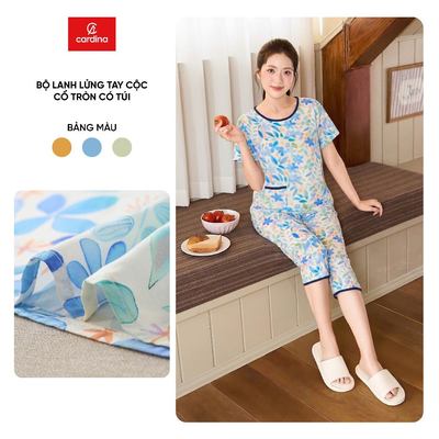 Bộ đồ mặc nhà nữ CARDINA chất liệu lanh lửng tay cộc cổ tròn có túi 6BLL03