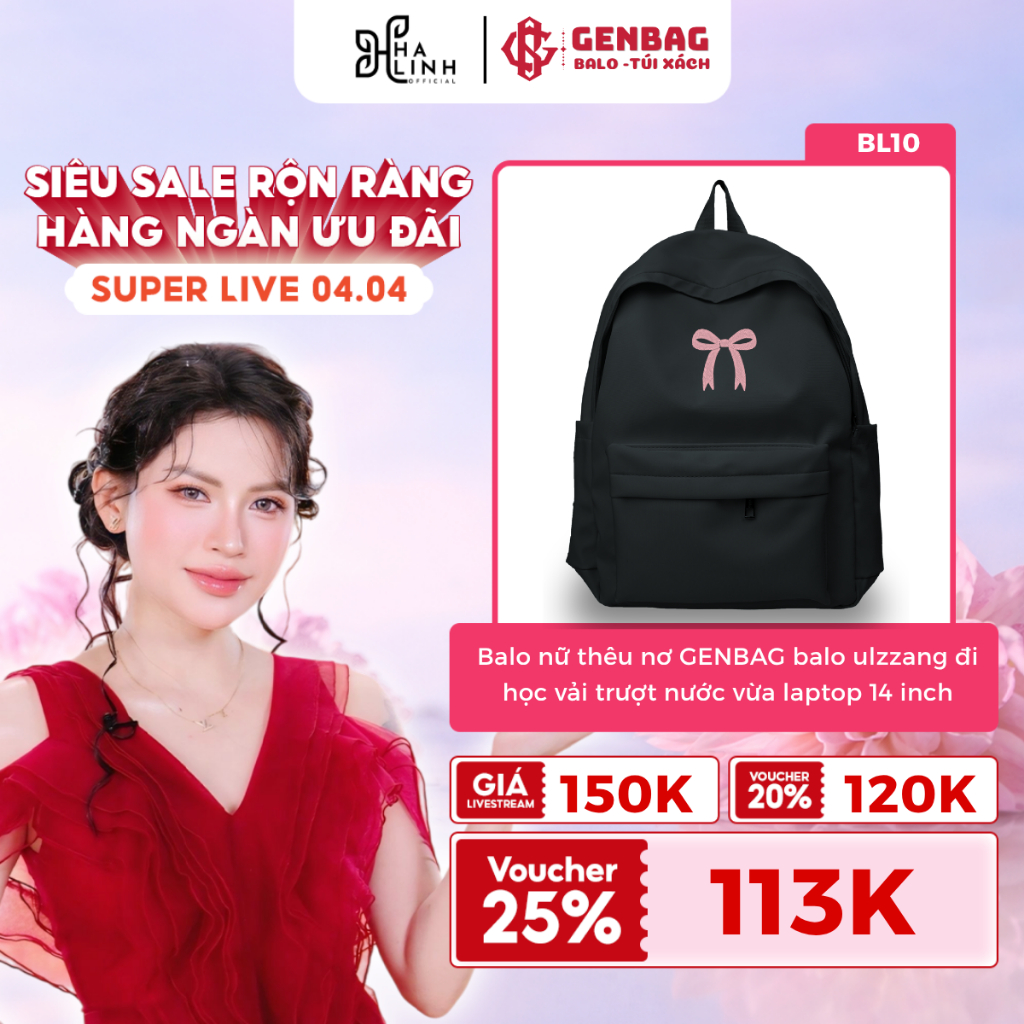 [VHL x GENBAG] Balo ulzzang đi học vải trượt nước GENBAG balo nữ họa tiết nơ thêu BL10