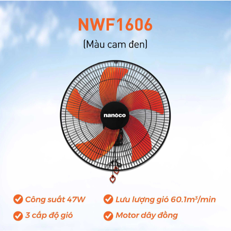 Quạt Treo Tường Nanoco Công Nghiệp Cánh Nhựa NWF1606 47w, NWF1822 65w Động Cơ Đồng, Mát Rộng Gió Mạn