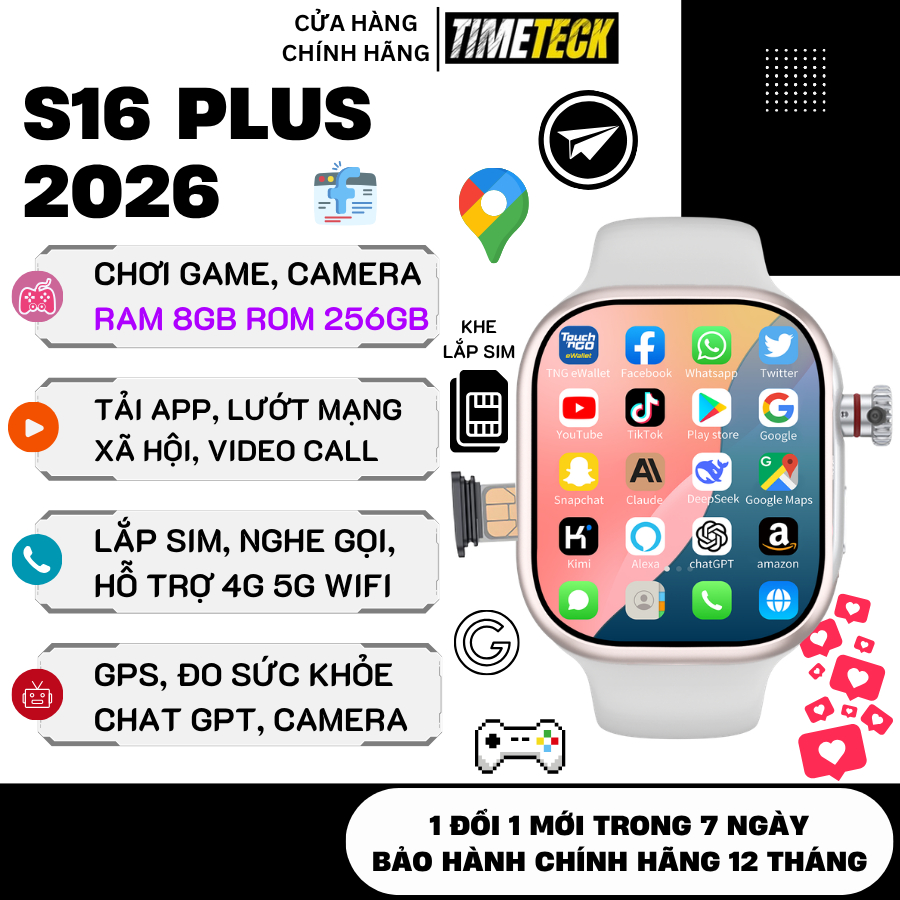 Đồng Hồ Thông Minh Lắp Sim  S16 PLUS 2026, RAM 8GB ROM 256GB, Nghe Gọi, Chơi Game, Tải Ứng Dụng