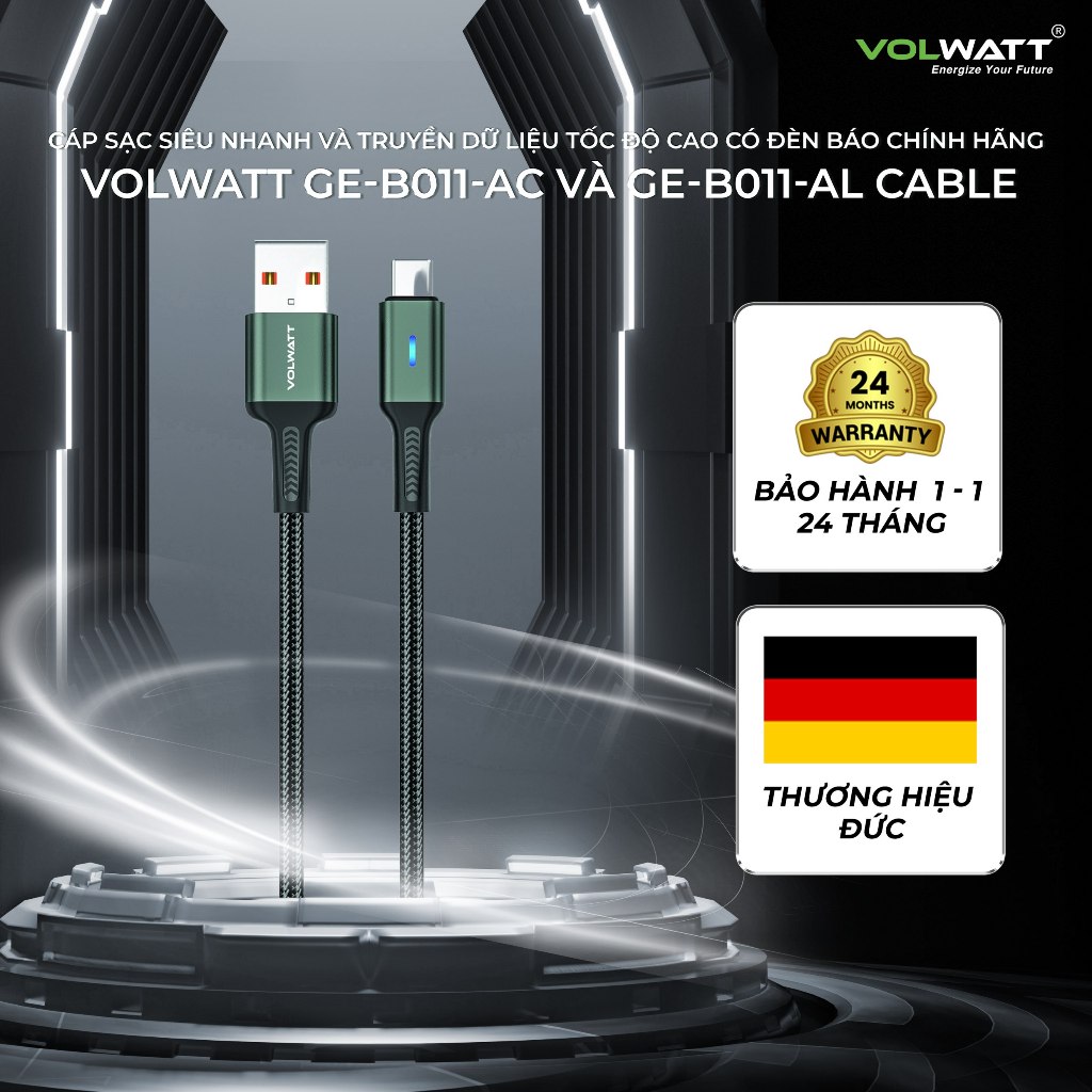 Cáp Sạc Siêu Nhanh & Truyền Dữ Liệu Tốc Độ Cao Có Đèn Báo Chính Hãng VOLWATT GE-B011-AC và GE-B011-A