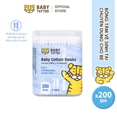 BABY TATTOO Tăm Bông Cho Bé Sơ Sinh 2 Đầu, Tăm Bông Đầu Cong Thiết Kế Đầu Muỗng Mềm Mại, An Toàn, Hộp 200 Que