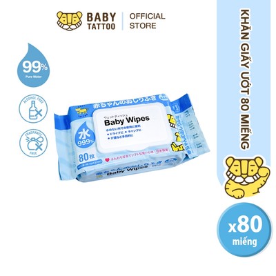BABY TATTOO Khăn Giấy Ướt Cao Cấp Không Mùi, Lành Tính, Dịu Nhẹ, An Toàn Cho Trẻ Sơ Sinh Và Da Nhạy Cảm, Gói 80 miếng