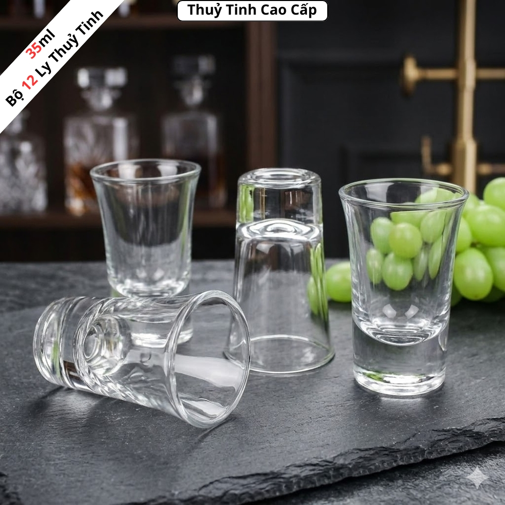 BỘ 12 LY THUỶ TINH CAO CẤP 35ML, LY THUỶ TINH ĐÁY VUÔNG