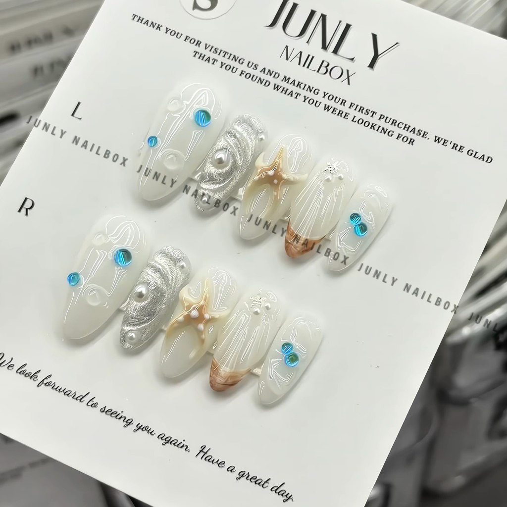 Nailbox tráng gương hoa nổi JUNLY - nail box thiết kế móng giả đi biển mùa hè 572