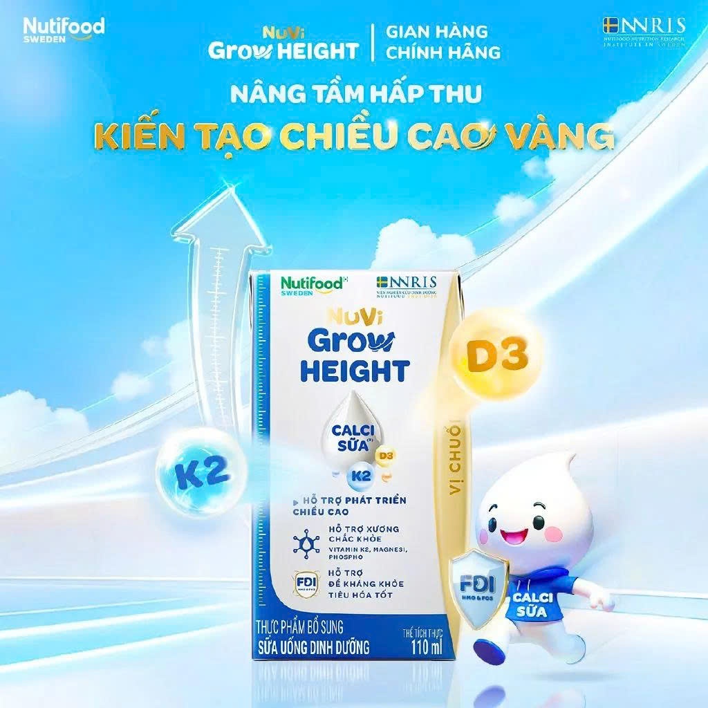 [Chính hãng]Combo 2 Thùng 24 hộp SBPS Nuvi Grow Height vị chuối 1+ 110ml hỗ trợ phát triển chiều cao
