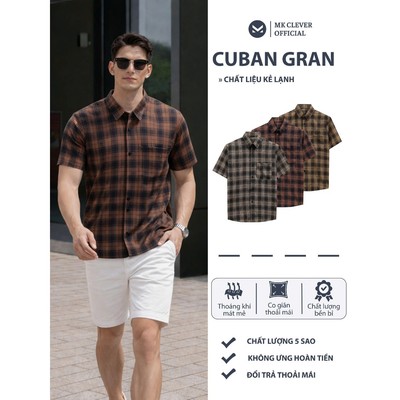 Áo Sơ Mi nam kẻ xanh Gran MKCLEVER Chất kẻ lạnh Hàn mềm mịn, thoáng mát, chống nhăn, form rộng mặc hằng ngày