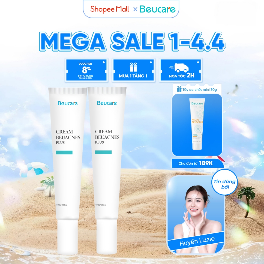 Combo 2 kem giảm mụn nhanh 24h BEUACNES PLUS mụn trứng cá, chiết xuất rau má, hỗ trợ mờ thâm mụn 15g