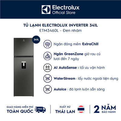 Free giao hàng - Tủ lạnh Electrolux ngăn đá trên 341L Series 700 làm đá tự động ETB3460L-B -AI Autosense,Lấy nước ngoài