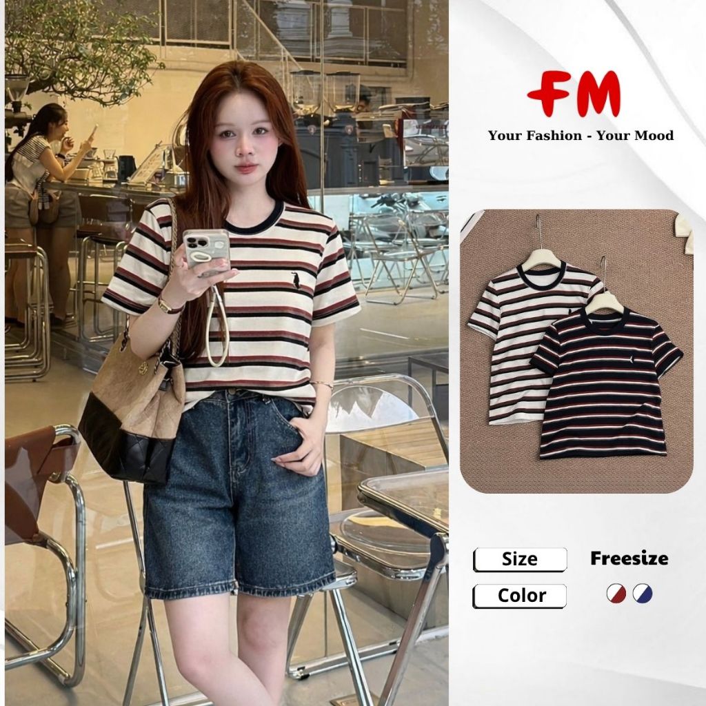 Áo Thun Nữ Korea FMSTYLE – Kẻ Viền Thêu Chim Cánh Cụt Dễ Thương Form Babytee 26030216