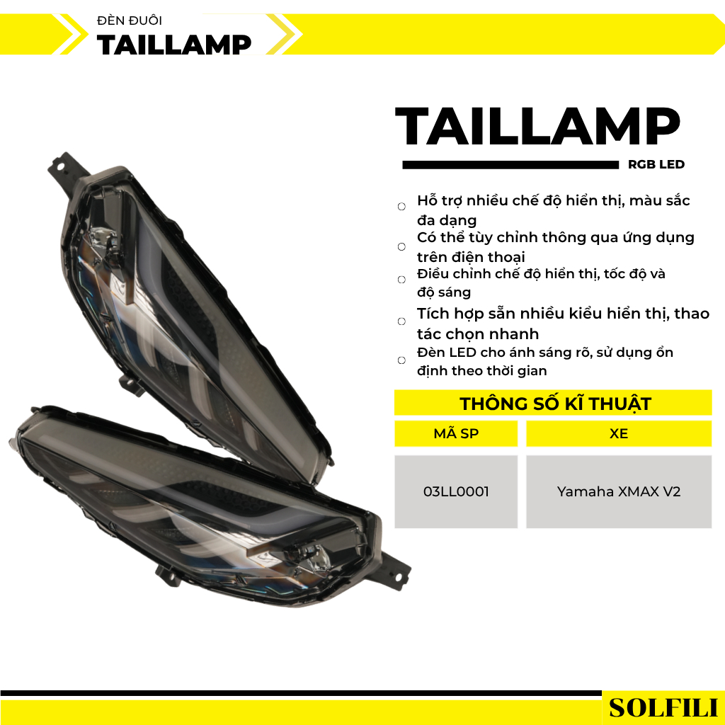 Đèn Đuôi LED Solfili Cho Yamaha XMAX V2 – Plug & Play – Điều Khiển Bằng App Đổi Màu Theo Sở Thích