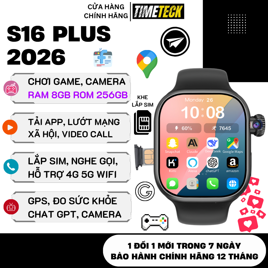 Đồng Hồ Thông Minh Lắp Sim S16 PLUS 2026 Nghe Gọi, RAM 8GB ROM 256GB, Chơi Game, Tải Ứng Dụng