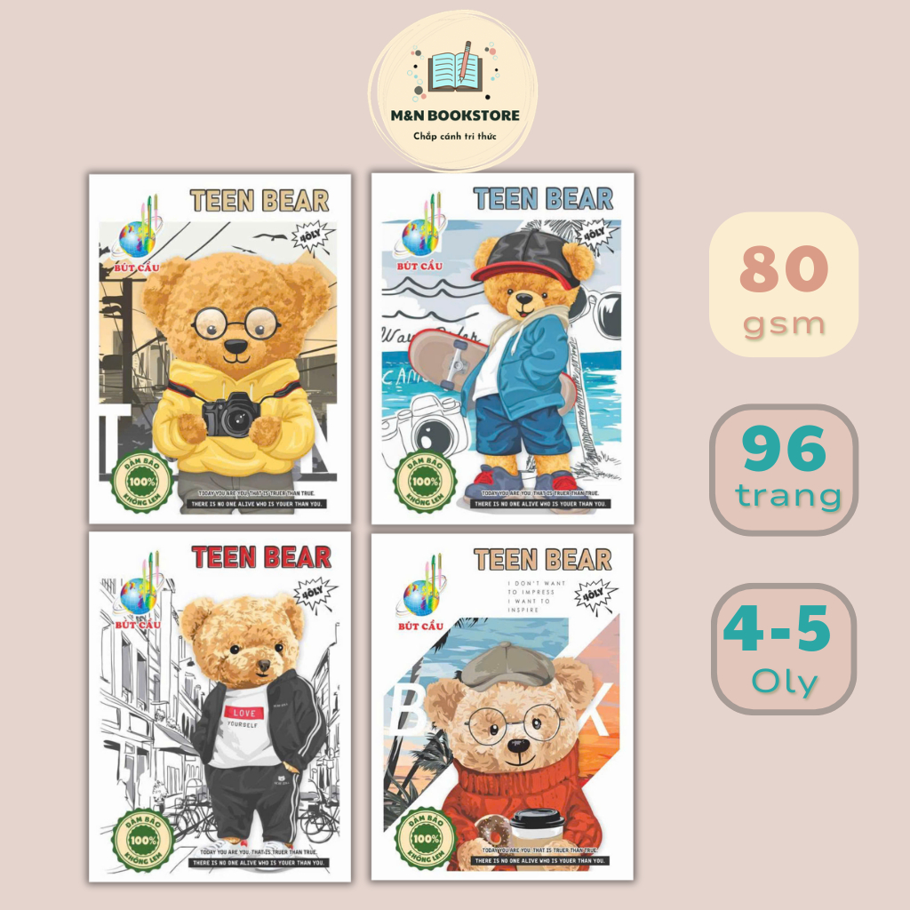 (Combo 3/5/10 cuốn) Tập Vở Học Sinh 4 Ô Ly 5 Ô Ly Bút Cầu Teen Bear 96tr 80gsm - Hình Dễ Thương- Bìa