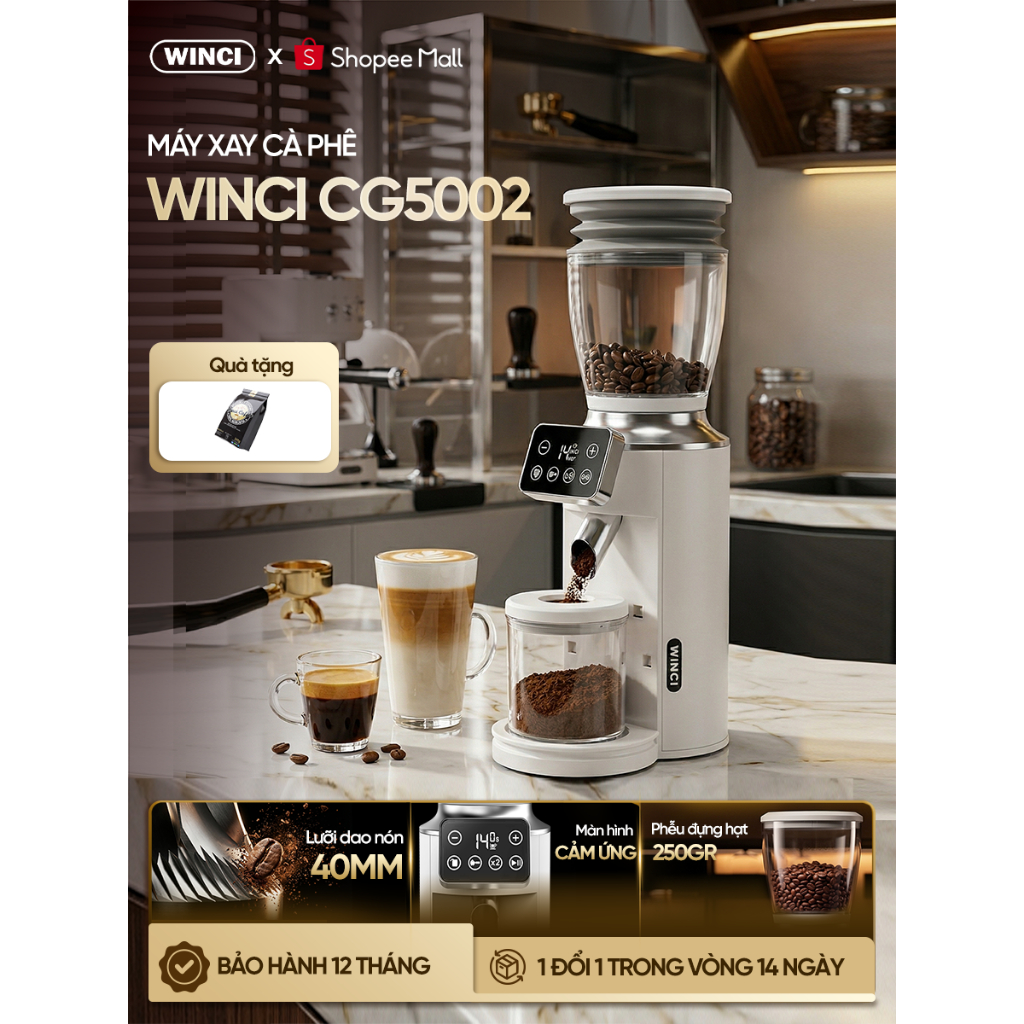 [ Bao Gồm VAT] Máy xay hạt cà phê WINCI CG5002, 30 cỡ xay, Bảo hành 12 tháng.