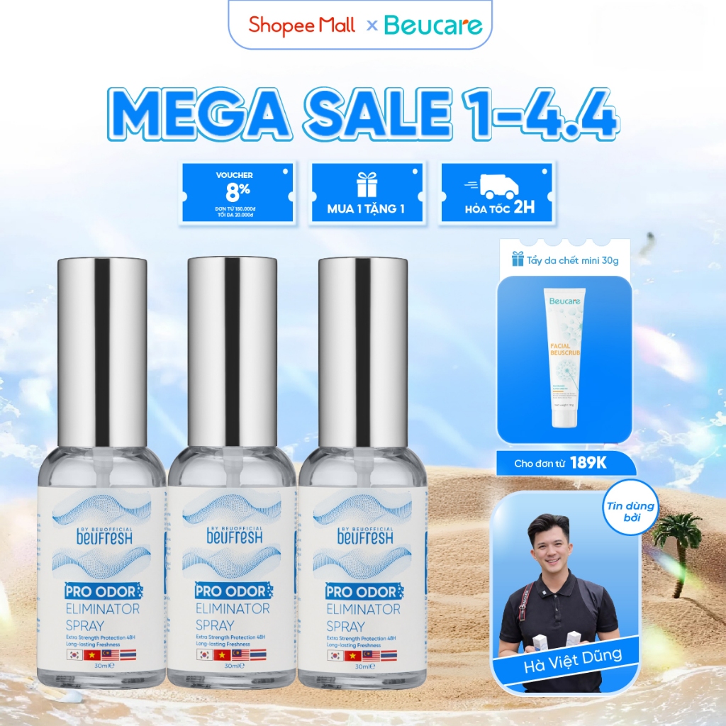Combo 3 Xịt khử mùi toàn thân, lăn khử mùi BEUFRESH ngăn tiết mồ hôi, hạn chế mùi cơ thể 30ml