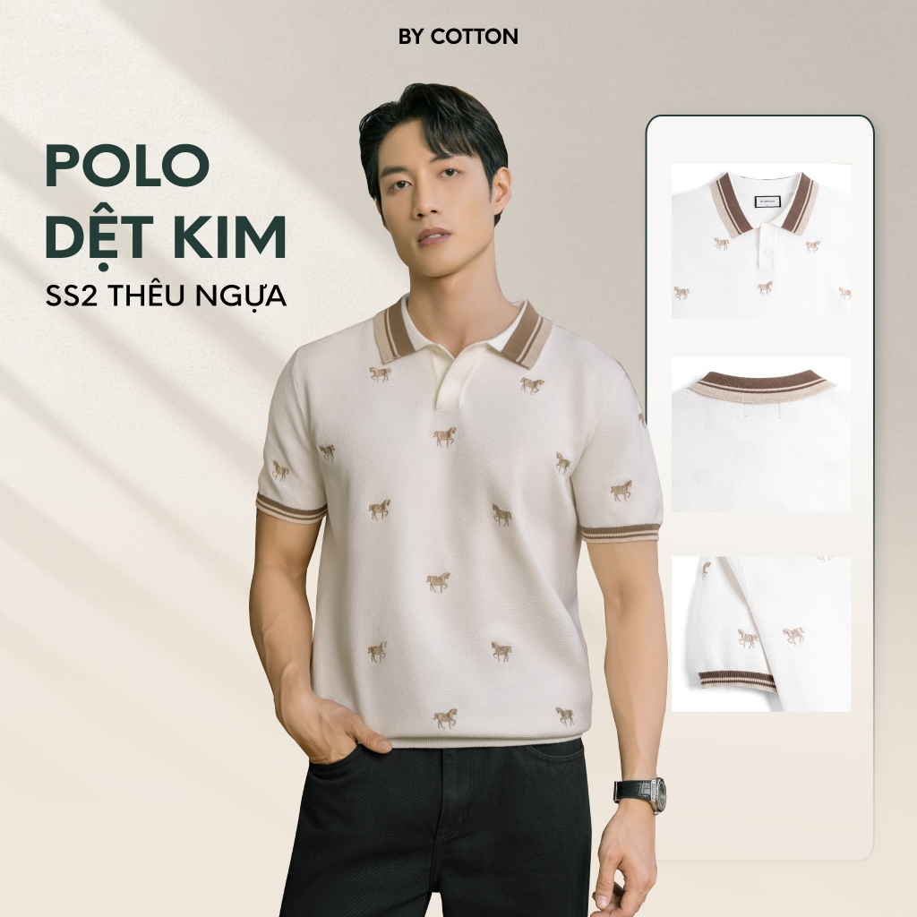 Áo Polo Dệt Kim By Cotton SS2 Thêu Ngựa Trắng Kem - Luôn Tặng Hộp Đóng - BY COTTON