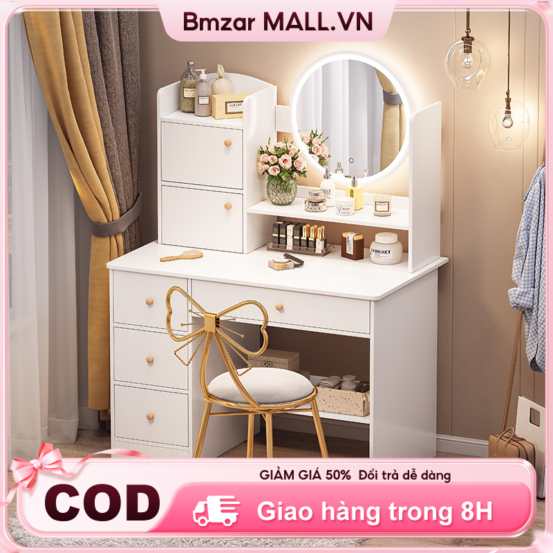 BMZAR Bàn trang điểm đa chức năng với đèn LED và nhiều ngăn kéo tiết kiệm không gian