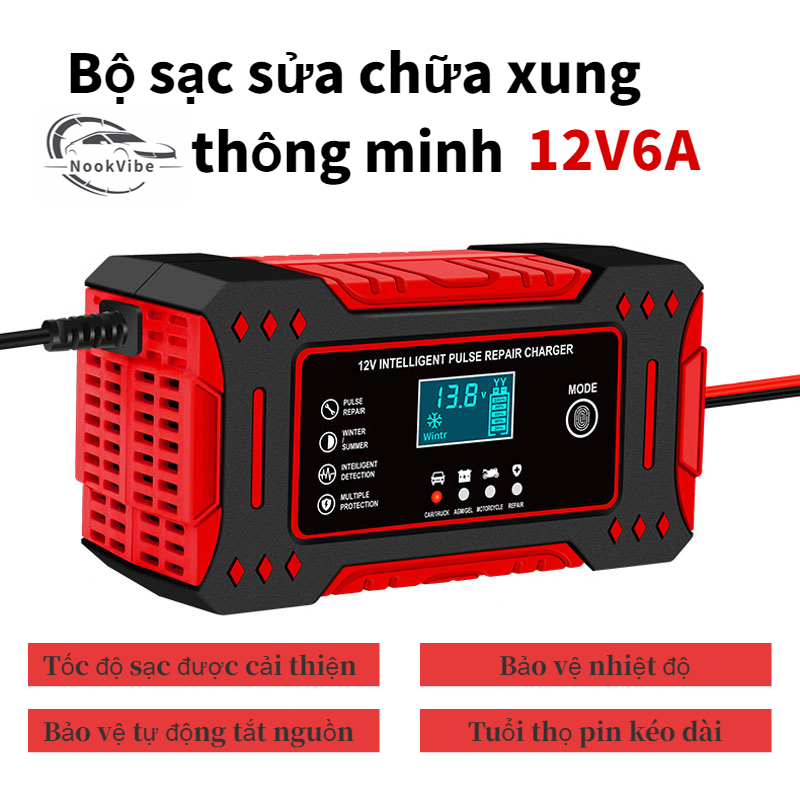 Bộ sạc pin 12V/6A 2Ah-100Ah, tự động ngắt nguồn, có chức năng bảo trì và sửa chữa pin.