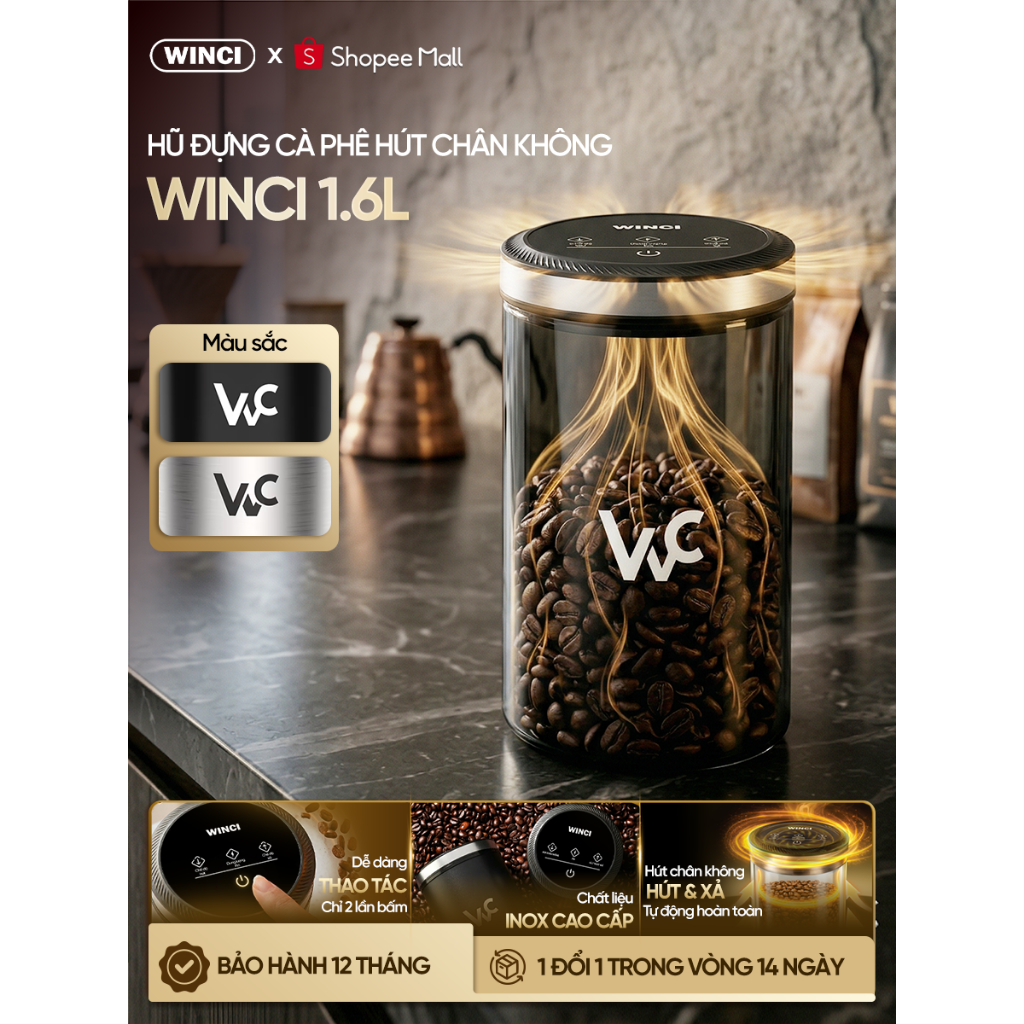 Hộp đựng cà phê hút chân không Winci, màn hình cảm ứng, 1.6L / 54oz