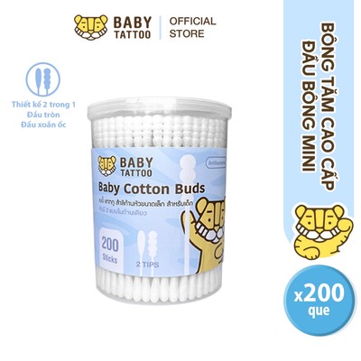 BABY TATTOO Bông Tăm Đầu Bông Mini, Thân Que Bằng Giấy, Thiết Kế Chuyên Dụng, An Toàn Cho Bé, 1 Hộp 200 Que