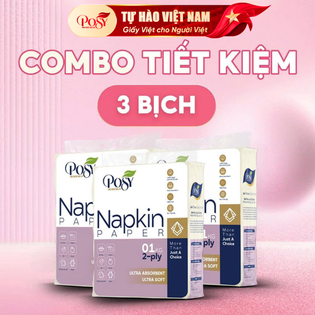 POSY - COMBO 3 BỊCH 3KG Giấy ăn vuông Posy 1kg 2 lớp kt 240x230 mm tiết kiệm, từ bột giấy tự nhiên c