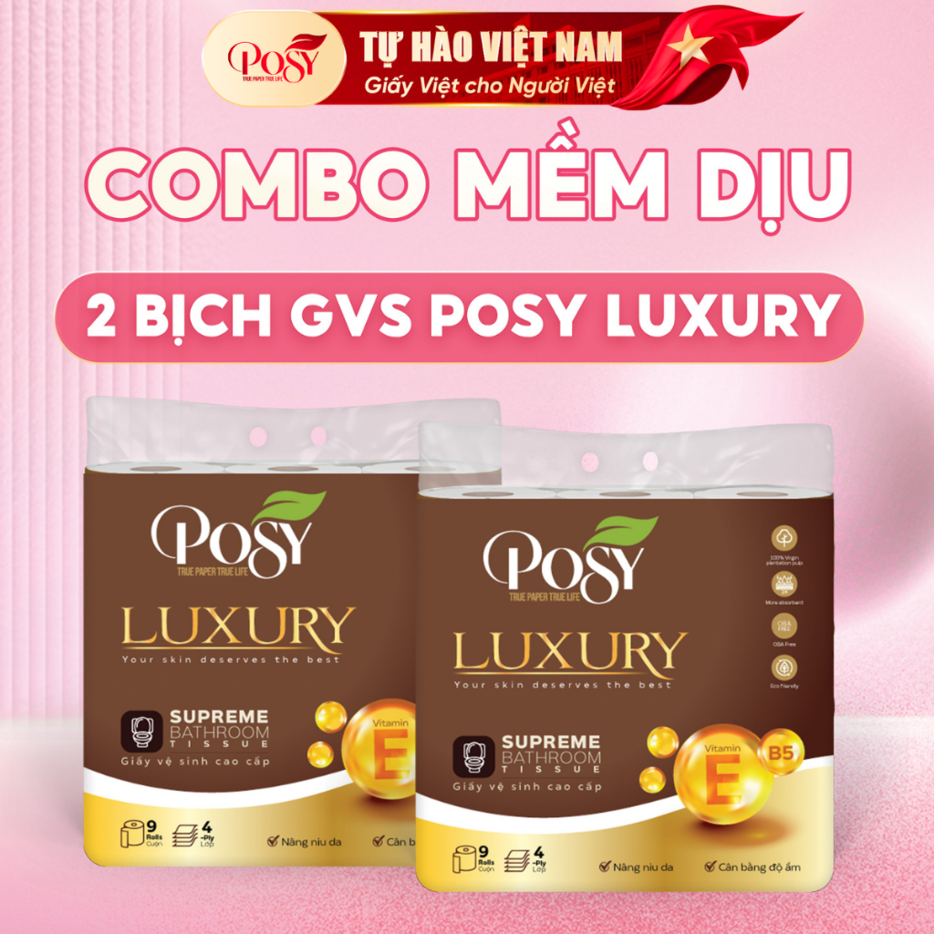 POSY - COMBO MỀM DỊU -  2 bịch giấy vệ sinh POSY LUXURY 9 cuộn 4 lớp, dai, dày và mềm mịn hơn