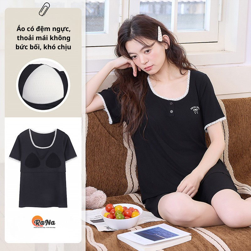Quần áo mặc nhà cho nữ có sẵn đệm ngực bên trong áo đồ bộ mặc màu hè RaNa