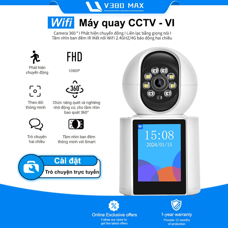 V380 Max Camera Wifi giám sát có màn hình - gọi video trực tiếp - Siêu nét 1080P V1 Máy ảnh Sử dụng 