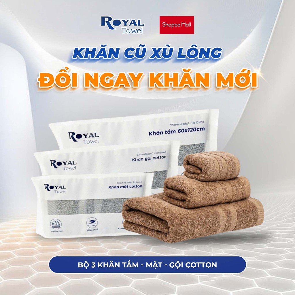 Bộ 3 Khăn Mặt Khăn Gội Khăn Tắm Royal Towel Sợi Cotton Mềm Mịn, Thấm Hút Tốt, Không Xổ Lông, Không P