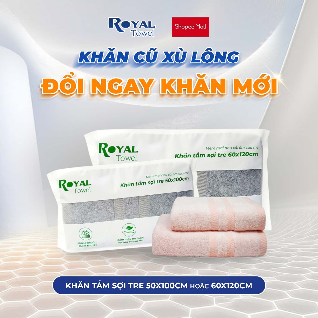 Khăn Tắm Royal Towel 50x100cm Hoặc 60x120cm Sợi Tre Bamboo, Mềm Mịn, Thấm Hút Tốt, Không Xổ Lông, Kh