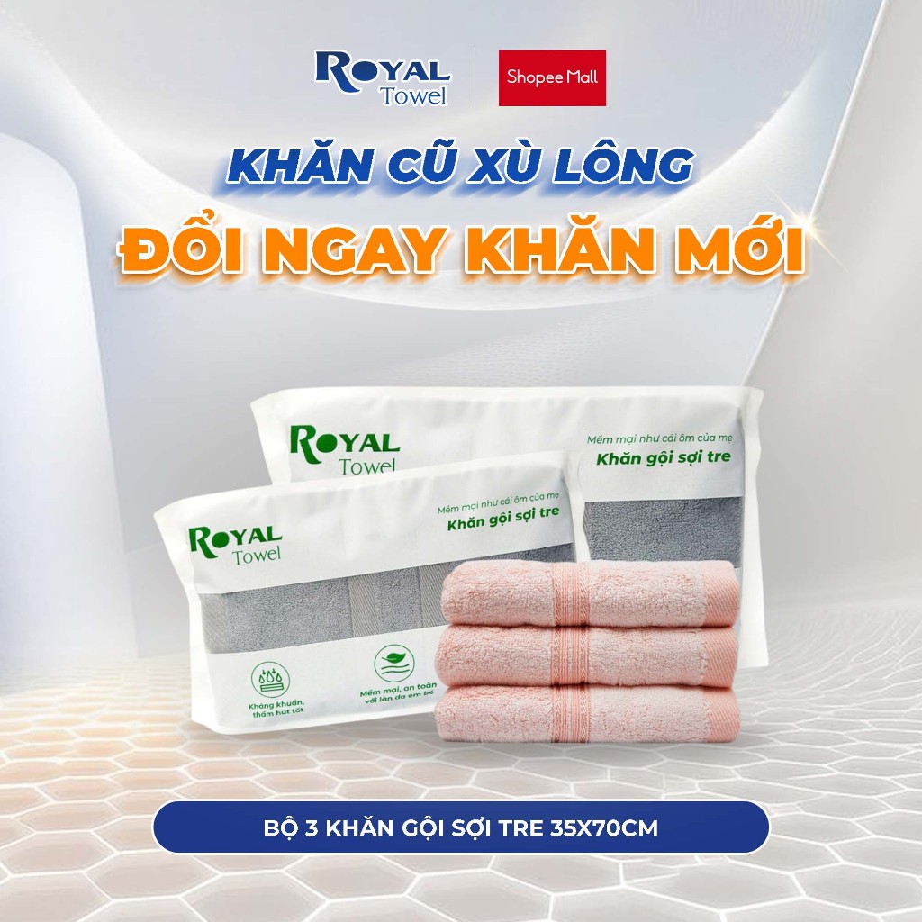 Bộ 3 Khăn Gội Royal Towel 35x70cm Sợi Tre Bamboo, Mềm Mịn, Thấm Hút Tốt, Không Xổ Lông, Không Phai M