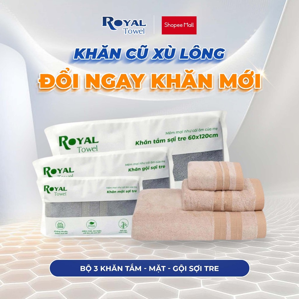 Bộ 3 Khăn Mặt, Gội, Tắm Royal Towel Sợi Tre Bamboo, Mềm Mịn, Thấm Hút Tốt, Không Xổ Lông, Không Phai