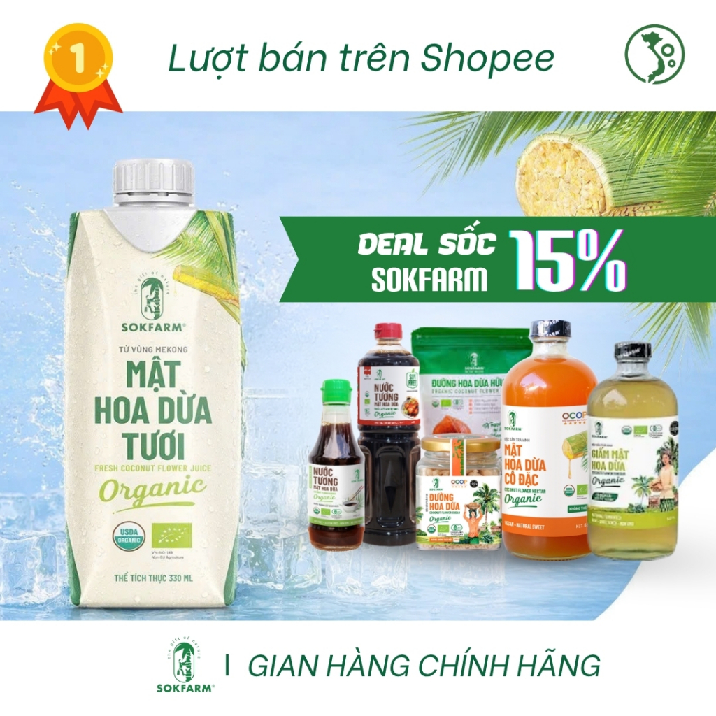 Mật hoa dừa tươi organic sokfarm 330ml mật hoa dừa tươi tiệt trùng UHT hộp giấy 330ml
