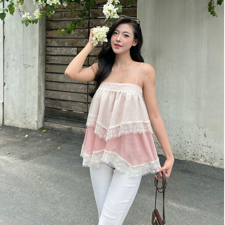Áo Dây Tơ Hồng Cam ODS - JD11 thiết kế 2 dây thân 2 lớp vạt nhọn, viền ren trắng, đan dây sau