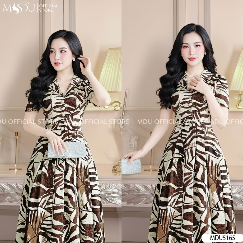 Váy xòe chiết eo lụa mango cổ vest thanh lịch, váy công sở họa tiết nâu be MDU5165