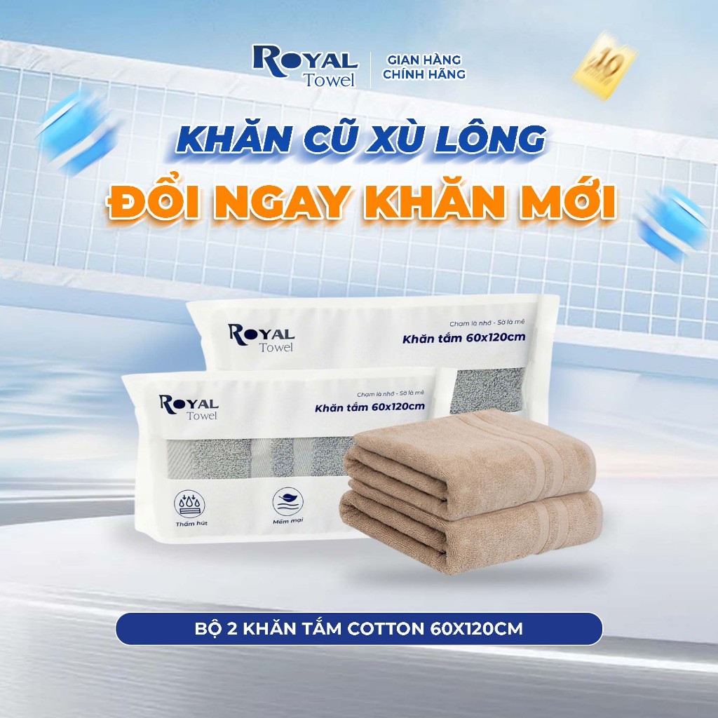 Bộ 2 Khăn Tắm Royal Towel 60x120cm Sợi Cotton Mềm Mịn, Thấm Hút Tốt, Không Xổ Lông, Không Phai Màu