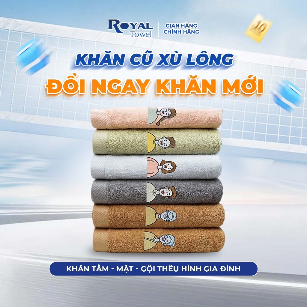 Khăn Tắm Khăn Gội Khăn Mặt Royal Towel Thêu Hình Gia Đình, Sợi Cotton Mềm Mịn, Thấm Hút Tốt, Kháng Khuẩn