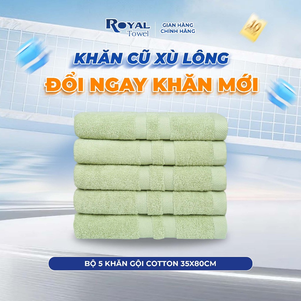 Bộ 5 Khăn Gội Royal Towel 35x80cm Sợi Cotton Mềm Mịn, Thấm Hút Tốt, Không Xổ Lông, Không Phai Màu