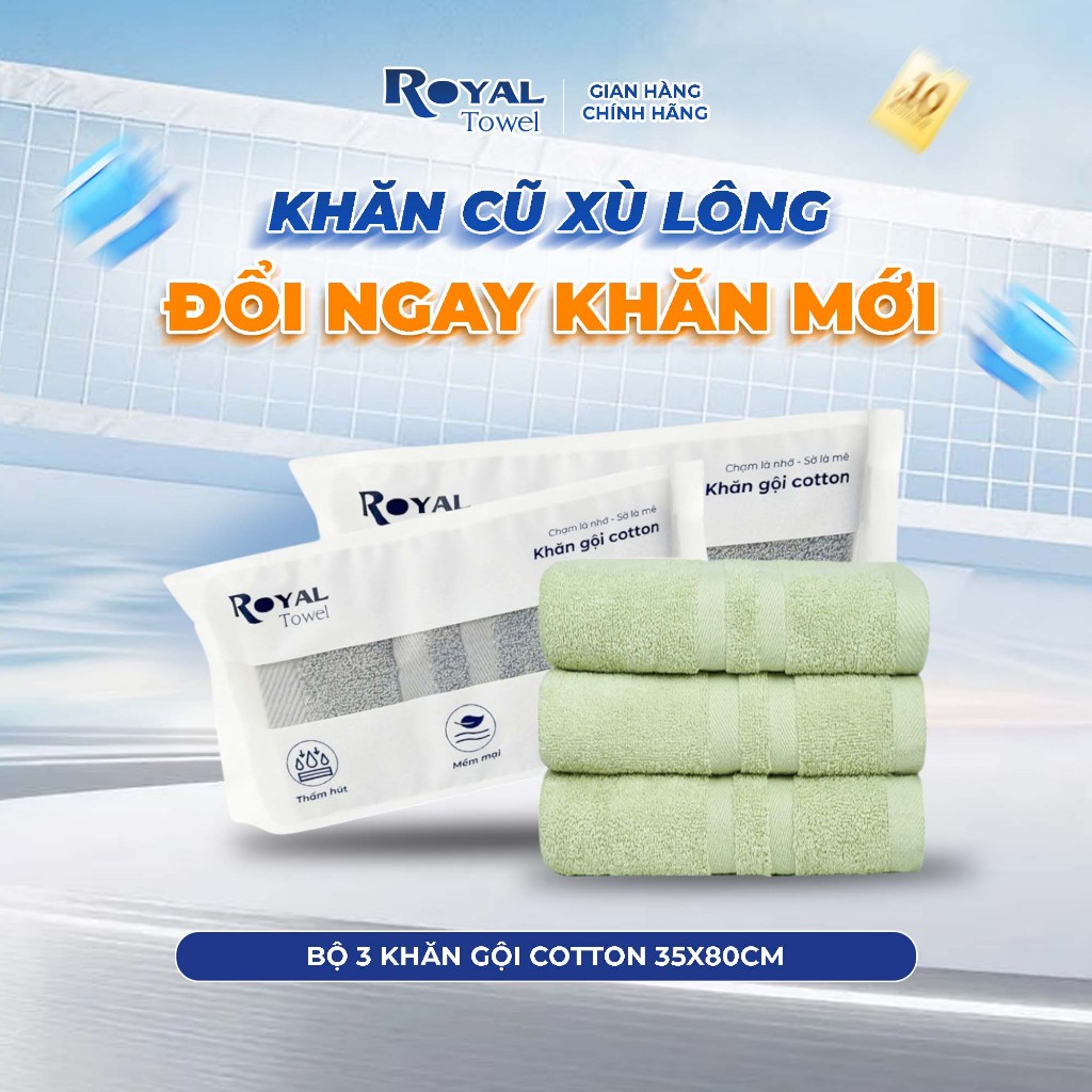Bộ 3 Khăn Gội Royal Towel 35x80cm Sợi Cotton Mềm Mịn, Thấm Hút Tốt, Không Xổ Lông, Không Phai Màu