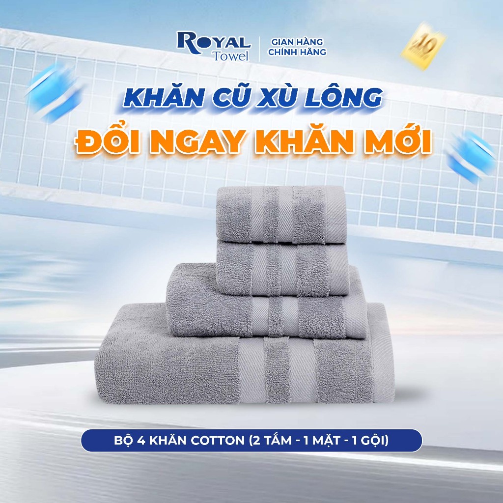 Bộ 4 Khăn Gồm 2 Mặt, 1 Gội, 1 Tắm 60x120cm Royal Towel Sợi Cotton Mềm Mịn, Thấm Hút Tốt, Không Xổ Lông, Không Phai Màu