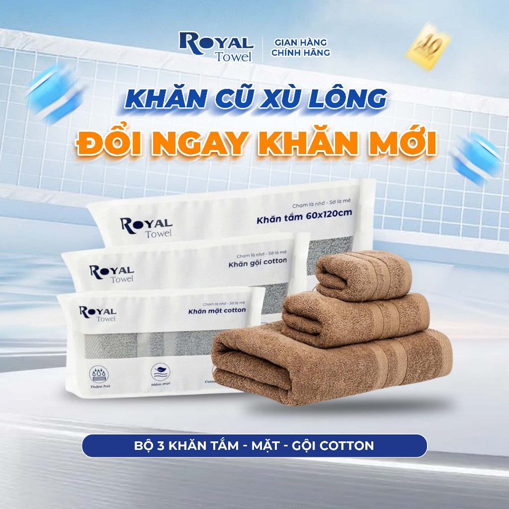 [KOL] Bộ 3 Khăn Mặt Khăn Gội Khăn Tắm Royal Towel Sợi Cotton Mềm Mịn, Thấm Hút Tốt, Không Xổ Lông, Không Phai Màu