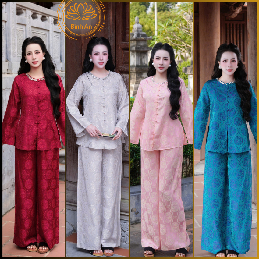 Set Bà Ba - Pháp Phục Tằm Hoa Thủy Tiên Cổ Tròn Đính Đá  Tay Dài Cúc Bọc Xịn Xò - Mã P83